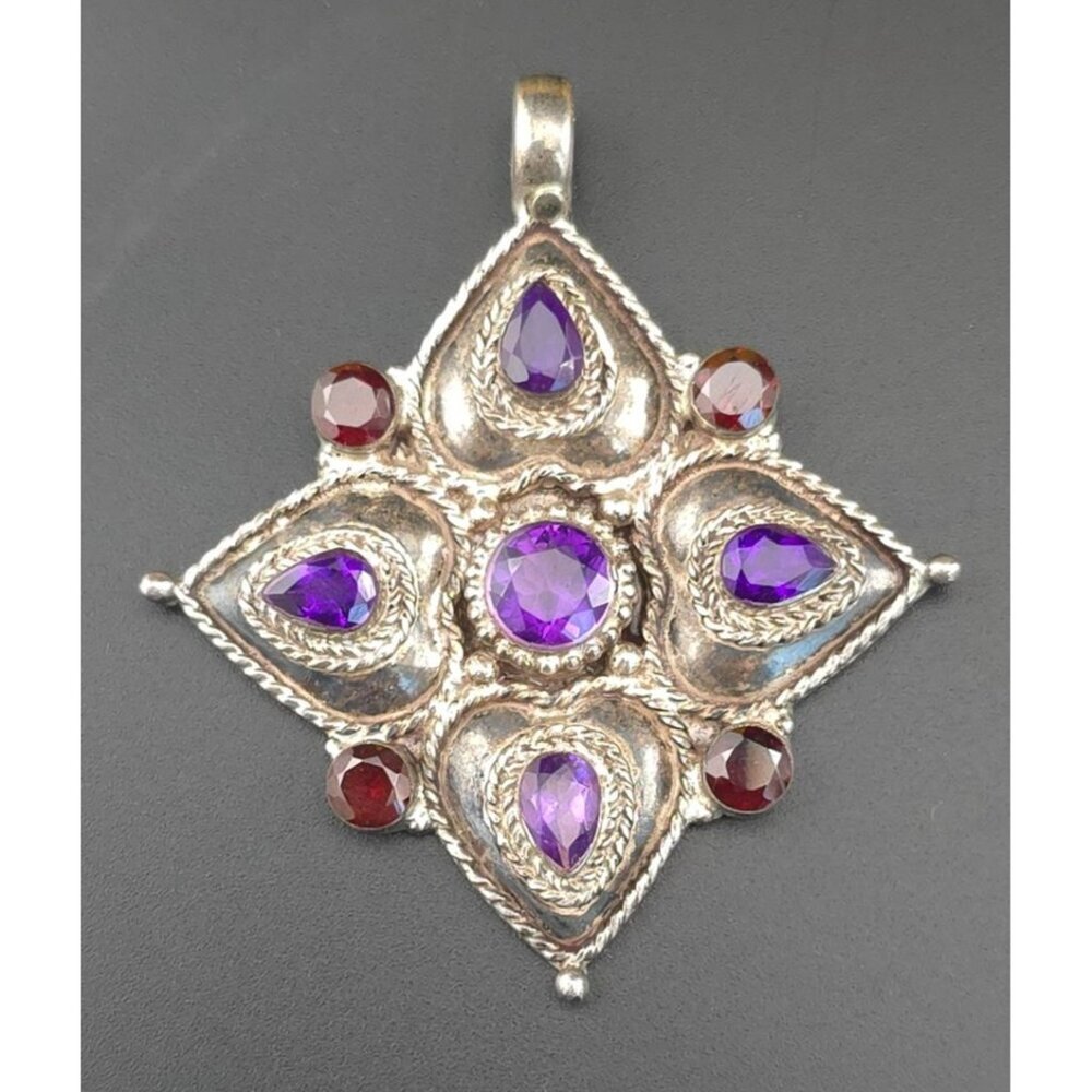 Estate 925 Sterling Silver Amethyst & Garnet 9 Stone Pendant 18.1 Grams